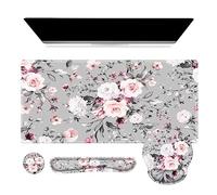 iCasso Large Mouse Pad Wrist Support Set, 4in1 XXL Big Mousepad + Keyboard Wrist Rest + Mouse Wrist Rest + Coaster Set with Ergonomic Design Gaming Mat for Home Office Table Computer - Pink Floral