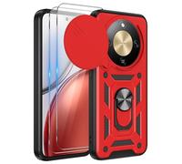iCatchy Case for Honor Magic 8 Lite With 2 Screen Protector Sliding Camera Cover Shockproof Heavy-duty Military Rugged Ring Holder Kickstand for Honor Magic 8 Lite Phone (Red)