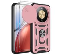 iCatchy Case for Honor Magic 8 Lite With 2 Screen Protector Sliding Camera Cover Shockproof Heavy-duty Military Rugged Ring Holder Kickstand for Honor Magic 8 Lite Phone (Rose Gold)