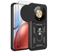 iCatchy Case for Honor Magic 8 Lite With 2 Screen Protector Sliding Camera Cover Shockproof Heavy-duty Military Rugged Ring Holder Kickstand for Honor Magic 8 Lite Phone (Black)