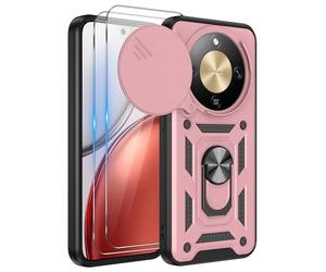 iCatchy Case for Honor Magic 8 Lite With 2 Screen Protector Sliding Camera Cover Shockproof Heavy-duty Military Rugged Ring Holder Kickstand for Honor Magic 8 Lite Phone (Rose Gold)