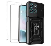 iCatchy Case for Motorola G57 Power With 2 Screen Protector Sliding Camera Cover Shockproof Heavy-duty Military Rugged Ring Holder Kickstand for Moto G57 Power (Black)