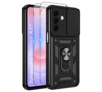 iCatchy Case for Samsung Galaxy A27 With 2 Screen Protector Sliding Camera Cover Shockproof Heavy-duty Military Rugged Ring Holder Kickstand (Black)