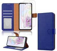 iCatchy Case for Samsung Galaxy A35 5G With 2 Screen Protector Tempered Glass Leather Flip Wallet with Card Slots RFID Blocking Shockproof Kickstand Cover (Blue)