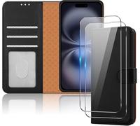 iCatchy for iPhone 16 Plus Case 6.7 Inch with 2 Pack Screen Protector Magnetic Leather Wallet Flip Cover Card Holder Kickstand Shockproof Full Protection Phone Case For iPhone16 Plus (Black)
