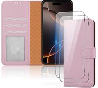 iCatchy for iPhone 16 Pro Max(6.9 Inch) Case with 2x Screen Protector Leather Magnetic Flip Cover Card Holder Kickstand Feature Full Protection Phone Cover Compatible with iPhone 16 Pro Max(Rose Gold)
