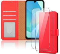 iCatchy for Samsung Galaxy A16 Case Leather Wallet Flip Card Slots Magnetic Closure Kickstand Shockproof RFID Blocking Phone Cover and 2X Screen Protector for Samsung A16 5G / A16 4G (Red)