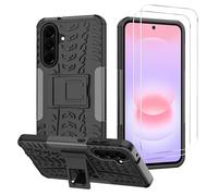 iCatchy for Samsung Galaxy A37 5G Rugged Protective Case with Kickstand and 2 Tempered Glass Screen Protectors, Shockproof Dual Layer Heavy Duty Armor Bumper Cover (Black)