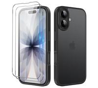 iCatchy Matte Case for iPhone 17 6.1-Inch 2x HD Screen Protector Tempered Glass Shockproof Military Grade Drop Protection, Frosted Translucent Back Phone Cover, Anti-Fingerprint Black