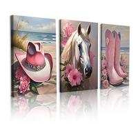 ICBCGS 3pcs Canvas Wall Art, Pink Flower Boots Hat Horse Aesthetic Painting Pictures, Girl Trendy Posters Print for Living Room Bedroom Office Home Decoration (Pink boots wall art, 30x40cm, Framed)