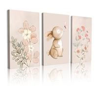 ICBCGS 3pcs Canvas Wall Art, Pink Flower Botanical Painting Pictures Wall Decor, Cute Animal Canvas Prints for Living Room Bedroom Office Home Decoration 30x40cm (rabbit wall art, 30x40cm, Framed)