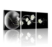 ICBCGS 3Pcs Framed Flower Canvas Wall Art, Botanical Black and White Canvas Pictures Wall Decor, White Flower Plant Painting Art Poster Prints for Living Room Office Bedroom Home Decoration 40x40cm