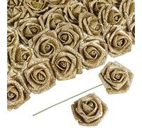 ICBOX 30 PCS Artificial Flowers - Gold Glitter Roses, 2.17 in Foam Roses with Stem for Wedding, Home Party, DIY Bridal Bouquet, Centerpieces Decor