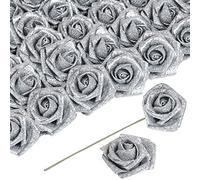 ICBOX Artificial Flowers 30 PCS Silver Glitter Foam Artificial Flowers with Stem, Glitter Roses Shiny Flowers for DIY Wedding Bouquets Party Home Decor(Silver)