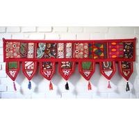 ICC valances for windows Toran Cotton Vintage Patchwork Door Hanging Valance Window Hand Embroidered Bohemian Decor Living Room Wall bedroom living room Home Handmade Decorations Red 42 Inches