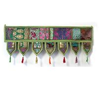 ICC valances for windows Toran Cotton Vintage Patchwork Door Hanging Valance Window Hand Embroidered Bohemian Decor Living Room Wall bedroom living room Home Handmade Decorations Green 42 Inches