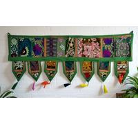 ICC valances for Windows Toran Cotton Vintage Patchwork Door Hanging Valance Window Hand Embroidered Bohemian Decor Living Room Wall Bedroom Home Handmade Decorations Dark Green 42 Inches