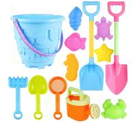 ICDKOYK Sand Buckets For Beach Bulk Set Includes 1 Large Bucket 1 Rake 2 Shovels 6 Unique Sand Molds And Random Color Delivery