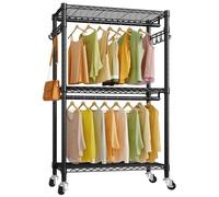 ICDLTJ Heavy Duty Clothes Rail, Rolling Adjustable Clothes Rail 3 Tiers Wire Shelving with Rods and Side Hooks, Freestanding Wardrobe Storage Rack
