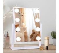 ICDLTJ Vanity Mirror with Lights, XWJ Makeup Mirror with 9 LED Bulbs, Detachable 10x Magnification, 3 Color Lighting Modes, 360° Rotation Touch Screen Brightness Adjustable Rechargeable