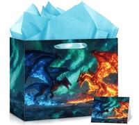 Ice and Fire Dragon Birthday Gift Bag with Card & 3 Sheets Light Blue Tissue Paper, Epic Fantasy Mythical Beast Present Bag for Boys Men, Large Luxury Party Gift Wrap for Gamers Teens