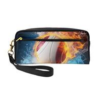 Ice and Fire Volleyball Printed Leather Makeup Bags with Wrist Strap Portable Travel Toiletry Bag Cosmetic Organizer Bag for Women