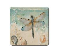 Ice Blue Dragonfly Washer Dryer Top Protector Mat, Vintage Beach Scene Washing Machine Dust Cover, Coastal Style Rubber Anti-slip Waterproof Mats for Laundry Room 24x24 Inch