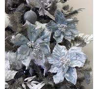 Ice Blue Silver Glittery Set Of 3 Silver Poinsettia Clip - 20cm Melody Maison Blue One Size