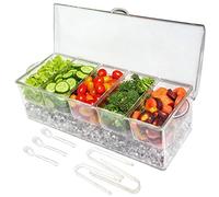 Ice Chilled 5 Compartment Condiment Server Caddy - Serving Tray Container with 5 Removable Dishes with Over 2 Cup Capacity Each and Hinged Lid | 3 Serving Spoons + 3 Tongs Included