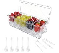 Ice Chilled Condiment Caddy with 5 Containers, Removable Pizza Topping Station, Server Tray with Lids, Divided Serving with Ice Chamber for Salad Bar, Fruit, Pizza, Fruit, Buffets, Party Accessories