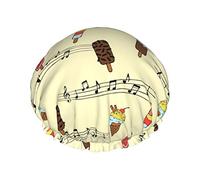 Ice Cream And Music Notes With Clef Shower Cap Women Reusable Long Hair Caps With Elastic Band Double Layer Bathing Shower Hat For Adults Kids