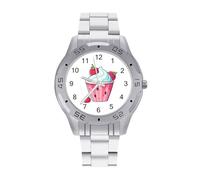 Ice Cream and Strawberry Prints Watches for Men Business Dress Watch Analog Quartz Wristwatch Stainless Steel Band