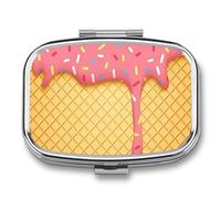 Ice Cream and Waffle Pattern Pill Box 2 Compartment, Portable Pill Case with Mirror for Pocket Purse Travel, Mini Metal Medicine Organizer for Vitamins Fish Oil