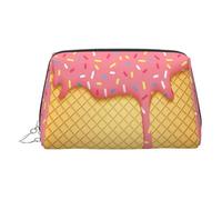Ice Cream and Waffle Pattern Print Premium Leather Toiletry Travel Pouch with Waterproof Portable Pouch Open Flat Makeup Bag