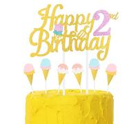 Ice Cream Birthday Cake Toppers, Girls Boys 2nd Birthday Party Decorations, Happy 2nd Birthday Cake Toppers, Colorful Ice Cream Cake Cupcake Toppers for Ice Cream Themed Party Decorations Supplies
