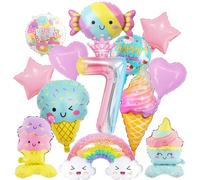 Ice Cream Birthday Decorations Balloons - 14 Pcs 7th Birthday Decor Set Include Rainbow Cloud Candy Ice Cream Mylar Foil Balloon, Colorful Candyland Theme Party Supplies for Girls Kids