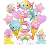 Ice Cream Birthday Decorations Balloons - 14 Pcs Happy 5th Birthday Decor Set Include Rainbow Cloud Candy Ice Cream Mylar Foil Balloon, Colorful Candyland Theme Party Supplies for Girls Kids