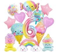 Ice Cream Birthday Decorations Balloons - 14 Pcs Happy 6th Birthday Decor Set Include Rainbow Cloud Candy Ice Cream Mylar Foil Balloon, Candyland Theme Party Supplies for Girls Kids