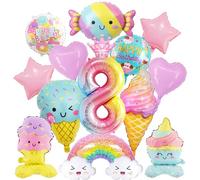 Ice Cream Birthday Decorations Balloons - 14 Pcs Happy 8th Birthday Decor Set Include Rainbow Cloud Candy Ice Cream Mylar Foil Balloon, Colorful Candyland Theme Party Supplies for Girls Kids