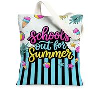 Ice Cream Canvas Tote Bag for Women, Summer Playful Beach Ball Starfish Summer Blue Washable Reusable Market Tote for Shopp, Blue, 13x15 Inch