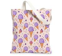 Ice Cream Canvas Tote Bag for Women, Summer Playful Cone Sprinkles Summer Violet Washable Reusable Market Tote Bags Ideas F, Violet, 13x15 Inch