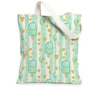 Ice Cream Canvas Tote Bag for Women, Summer Playful Hearts Stripes Summer Mint Green Washable Reusable Small Tote Bags Ideas for Travel Work Shopping Bookstore 13x15 Inch