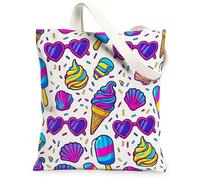 Ice Cream Canvas Tote Bag for Women, Summer Playful Sunglasses Shell Summer Peach Washable Reusable Market Tote Bags for Shopping Brunch Park Library Day Trips 13x15 Inch