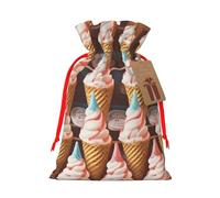 Ice Cream Cones Fifties Time Christmas Gift Bags with Tags & Ribbon Ties, Xmas Drawstring Candy Treat Bag Christmas Gifts Sacks Reusable Gift Wrapping Bags for Holiday Party Favors Small
