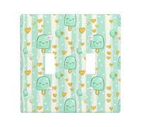 Ice Cream Double Light Switch Cover Plate, Playful Fanciful Hearts Stripes Summer Mint Green Plastic Standard Size Toggle Light Switch Cover for New Apartment Home Bedroom Office Decor