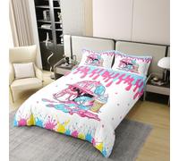 Ice Cream Drip Baseball Kids Bedding Set Super King Size 100% Cotton,Baseball Cap Hat Star Cherry Dessert Duvet Cover Set，Ball Sport Games Competition Quilt Cover,Blue Pink,2 Pillowcases(No Comforter)