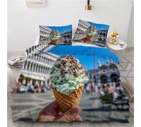 Ice Cream Duvet Cover Set Super King Size Street Cities Quilt Cover 260x220 cm 3D Reversible Bedding with Pillowcases Zipper Closure Soft Easy Care Comforter Covers Set a.2861