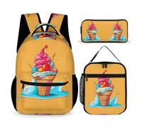 Ice Cream Pattern Book Pack Set with Pencil Case and Lunch Bag for Kids Age 7, Food Print Backpack 3 Piece Set Year 3-5 for Girls Outdoor Learning Family Trips and Weekend Adventures