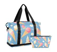 Ice Cream Peach Blue Gym Sports Duffel Bags Overnight Weekender Bags with Toiletry Bag for Hiking 2 Pcs Set, ice cream peach blue, One Size