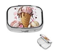 Ice Cream Pill Box with Mirror 2 Compartment Decorative Pill Case for Purse or Pocket Small Square Pill Organizer Weekly Metal Medicine Tablet Vitamin Holder Travel Gift